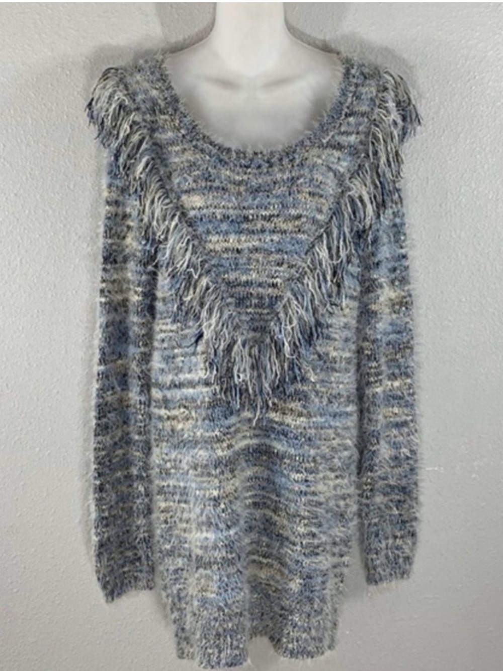 Gianni Bini Space Dye Fringe Eyelash Fuzzy Knit Sweater Dress Tunic L Blue Grey - Picture 5 of 10